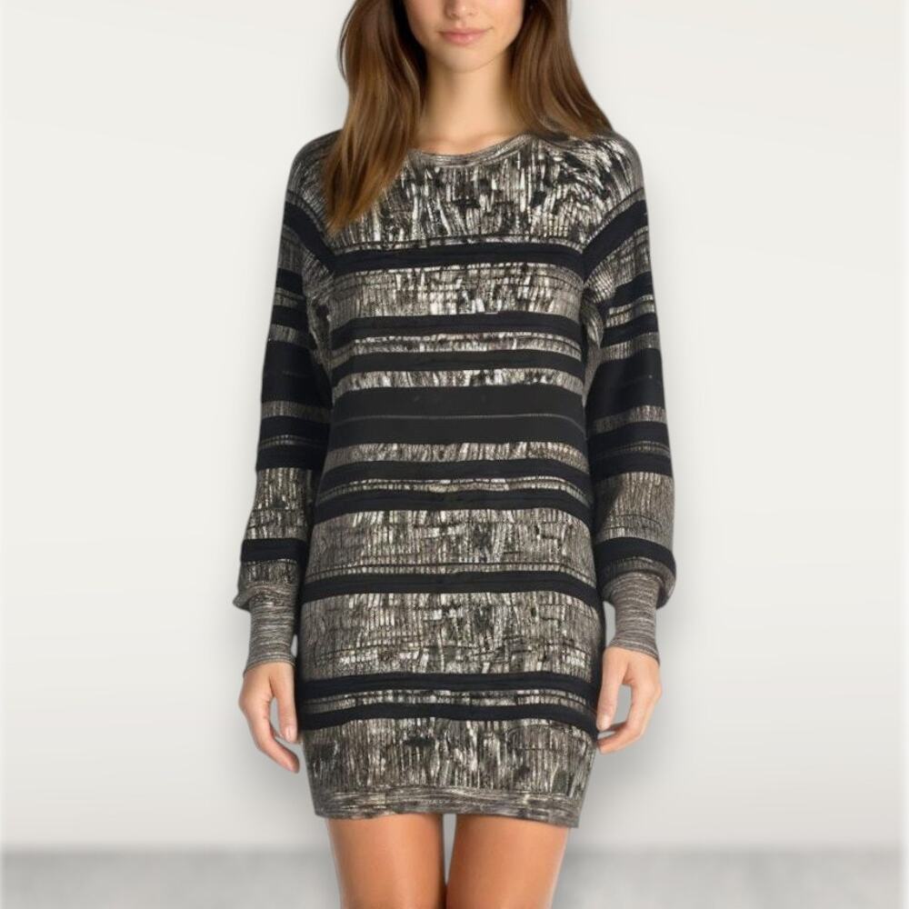 3.1 Phillip Lim Size XS Long Sleeve Sweater Dress Black Gray Stripe‎ Mini Comfy